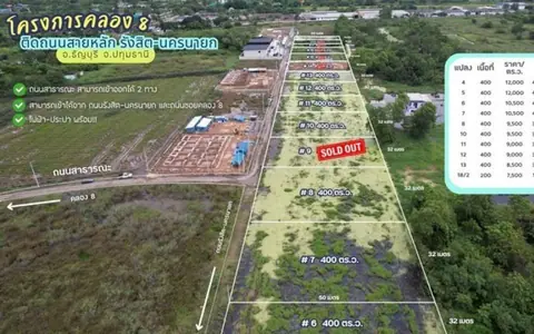 ขายที่ดินคลอง 8 แปลง 5 ติดถนนรังสิต-นครนายก 400 ตารางวา ทำเลศักยภาพ เหมาะทำโกดัง อาคารพาณิชย์ หรือ Land Bank