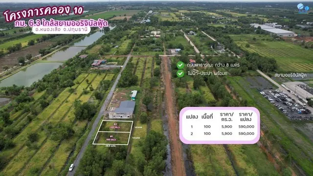 ขายที่ดินคลอง 10 แปลงที่ 1 หนองเสือ ปทุมธานี 100 ตารางวา ถนนคอนกรีต ใกล้ชุมชน เหมาะสร้างบ้านสวนหรือซื้อเก็บลงทุน