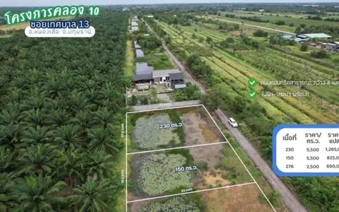 ขายที่ดินคลอง 10 ซอยเทศบาล 13 หนองเสือ ปทุมธานี 276 ตารางวา ไฟฟ้าประปาพร้อม เหมาะสร้างบ้านสวนหรือซื้อเก็บ