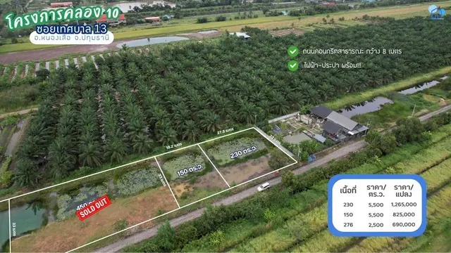 ขายที่ดินคลอง 10 ซอยเทศบาล 13 หนองเสือ ปทุมธานี 276 ตารางวา ไฟฟ้าประปาพร้อม เหมาะสร้างบ้านสวนหรือซื้อเก็บ