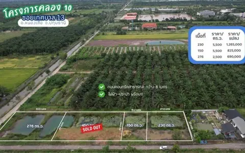 ขายที่ดินคลอง 10 ซอยเทศบาล 13 หนองเสือ ปทุมธานี 150 ตารางวา ไฟฟ้าประปาพร้อม เหมาะสร้างบ้านสวนหรือซื้อเก็บ
