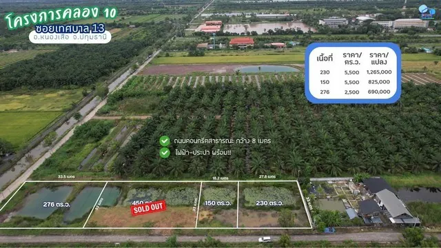 ขายที่ดินคลอง 10 ซอยเทศบาล 13 หนองเสือ ปทุมธานี 230 ตารางวา ไฟฟ้าประปาพร้อม เหมาะสร้างบ้านสวนหรือซื้อเก็บ