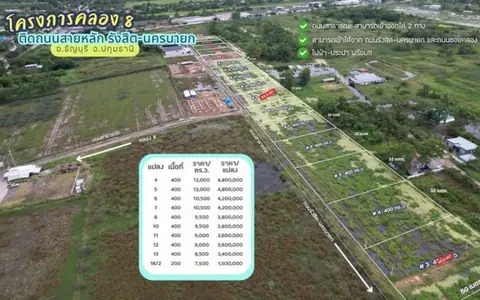 ขายที่ดินคลอง 8 แปลง 12 ติดถนนรังสิต-นครนายก 400 ตารางวา ทำเลศักยภาพ เหมาะทำโกดัง อาคารพาณิชย์ หรือ Land Bank