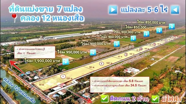ขายที่ดิน คลอง 12 หนองเสือ 5 ไร่ ติดถนน 2 ด้าน  เหมาะปลูกบ้านสวน ทำเกษตรพอเพียง ทำโกดัง