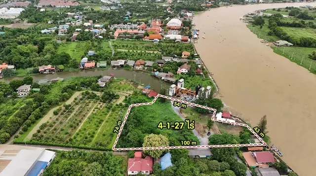 ขายที่ดินถมแล้ว ราคาถูก ติดแม่น้ำเจ้าพระยา  ตรงข้ามเกาะเกร็ด ท่าอิฐ เนื้อที่ 4-1-27 ไร่