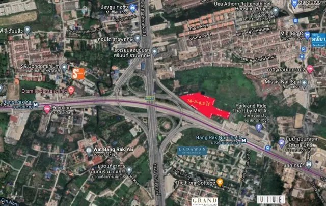 ขายที่ดิน 10-3-8.3 ไร่ ติดถนนรัตนาธิเบศร์ ใกล้ MRT บางรักน้อยท่าอิฐ 80 เมตร ผังเมืองสีน้ำตาล ย.8 เหมาะทำคอนโด/สำนักงาน หน้ากว้าง 212 ม.