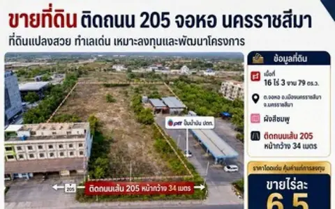 ขายที่ติดถนนใหญ่สุรนารายณ์  ขายที่ติดถนน205​ ทำเลศักยภาพสูง เหมาะสำหรับนักลงทุนที่มองหาที่ดินเพื่อพัฒนาโครงการในอนาคต